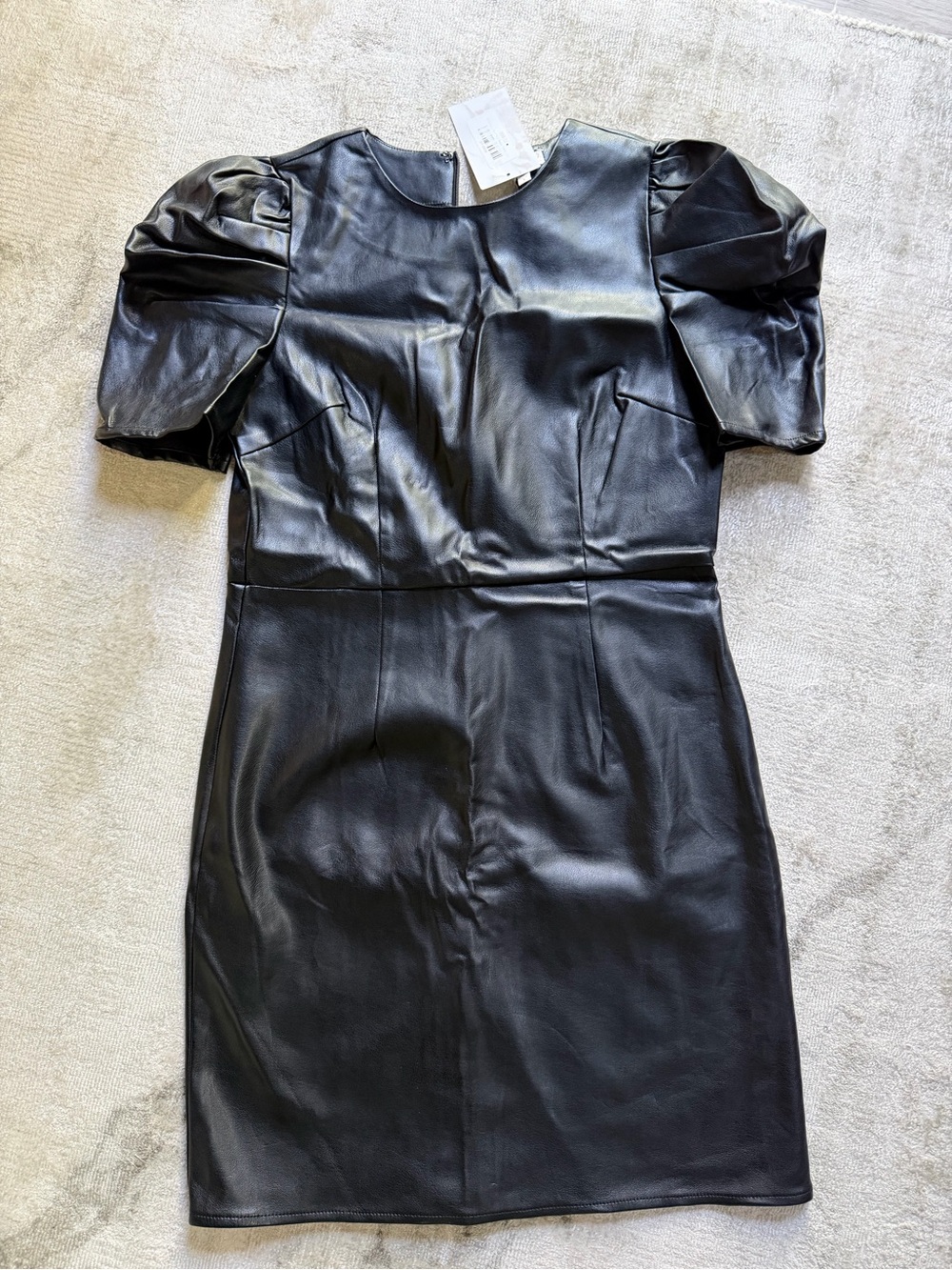 TCEC Black Faux Leather Puff Sleeve Sheath Dress